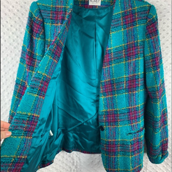 VINTAGE KORET Blazer 1980s Plaid Design Turquoise & Pink - Picture 4 of 7